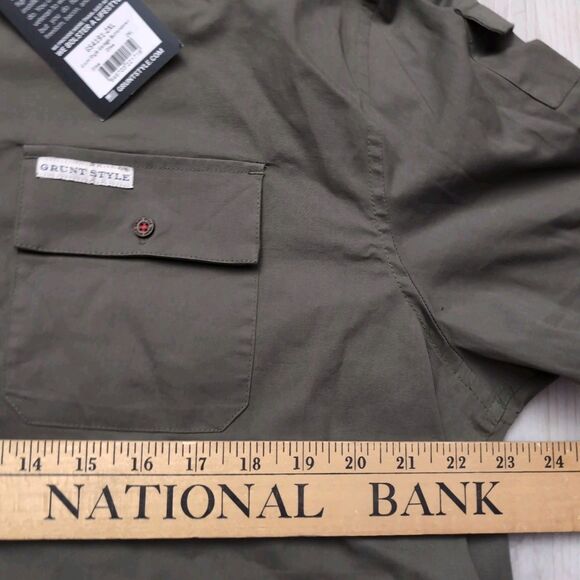 NWT Grunt Style Garage Button Up Shirt Mens XXL Olive Short Sleeve American Flag - Picture 3 of 4
